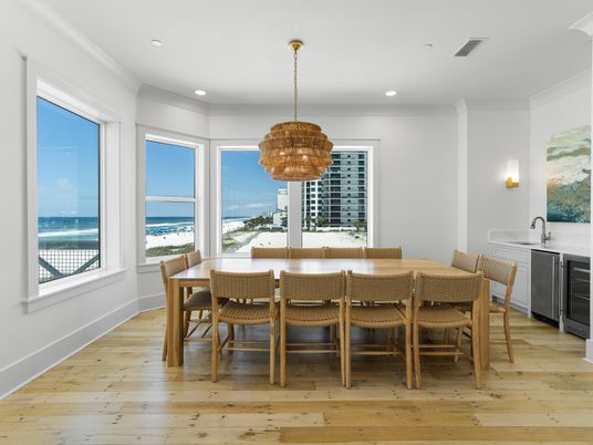 Dining room, Interior, Pendant Lights, Recessed Lighting, Water, Wood Texture Flooring
