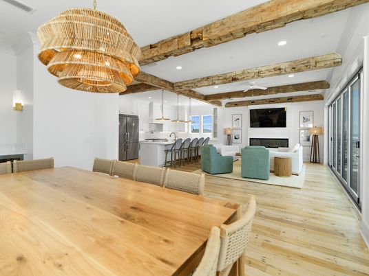 Chandelier, Dining room, Fireplace, Interior, Kitchen, Living room, Pendant Lights, Recessed Lighting, Stainless Steel Appliances, Wood Texture Flooring