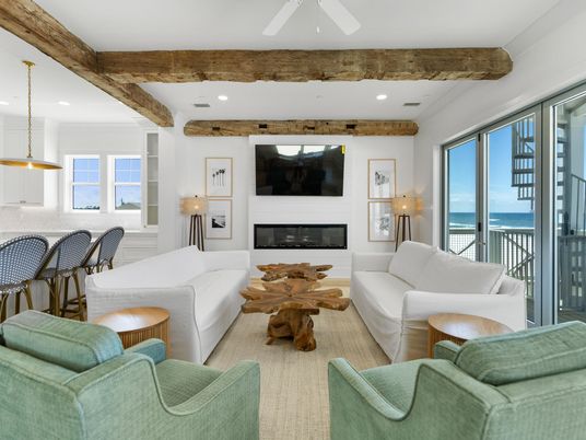 Dining room, Fireplace, Interior, Living room, Pendant Lights, Recessed Lighting, Water, Wooden Beams