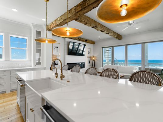 Fireplace, Interior, Kitchen, Living room, Pendant Lights, Recessed Lighting, Water, Wooden Beams, Wood Texture Flooring