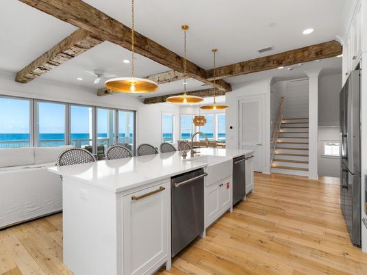Interior, Kitchen, Pendant Lights, Recessed Lighting, Stainless Steel Appliances, Water, Wood Texture Flooring