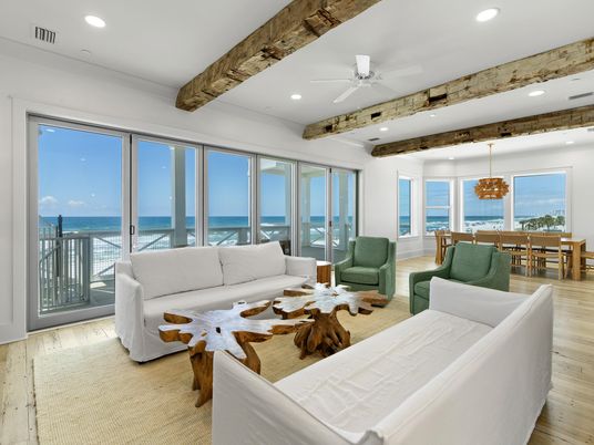 Dining room, Interior, Living room, Pendant Lights, Recessed Lighting, Water, Wooden Beams, Wood Texture Flooring