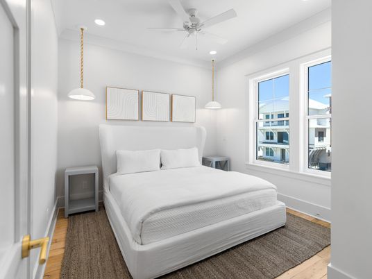 Bedroom, Interior, Pendant Lights, Recessed Lighting, Wood Texture Flooring
