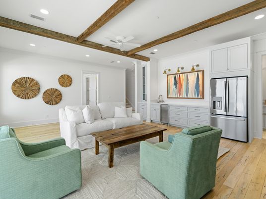 Interior, Kitchen, Living room, Recessed Lighting, Stainless Steel Appliances, Wooden Beams, Wood Texture Flooring