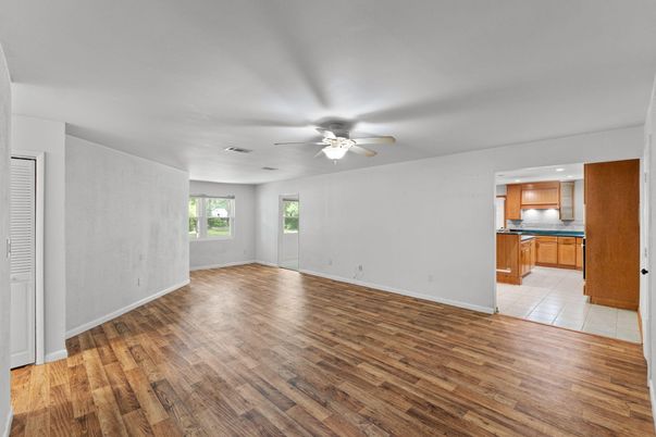 Empty room, Interior, Kitchen, Recessed Lighting, Wood Texture Flooring