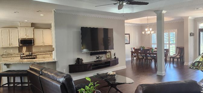 Chandelier, Dining room, Interior, Kitchen, Recessed Lighting, Wood Texture Flooring