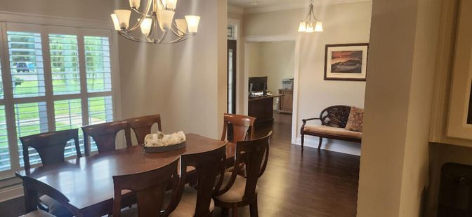 Chandelier, Dining room, Interior, Pendant Lights, Wood Texture Flooring
