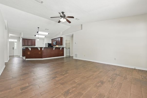Empty room, Interior, Kitchen, Pendant Lights, Wood Texture Flooring