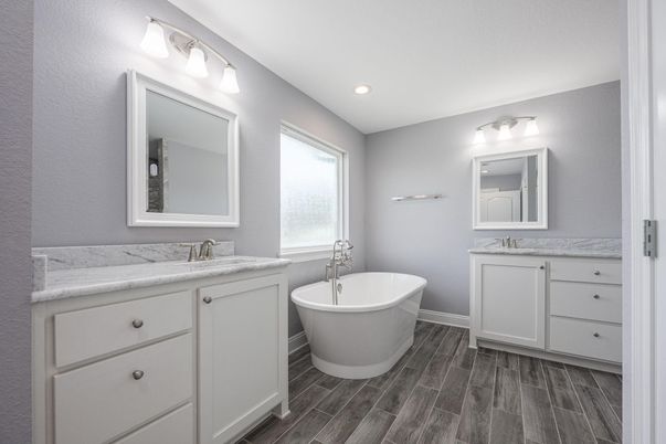 Bathroom, Dual Sink Vanities, Free Standing Baths, Interior, Recessed Lighting, Wood Texture Flooring