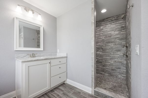 Bathroom, Interior, Recessed Lighting, Wood Texture Flooring, Wooden Walls