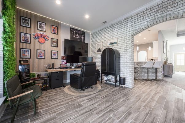 Home Office, Interior, Pendant Lights, Recessed Lighting, Stone Walls, Wood Texture Flooring