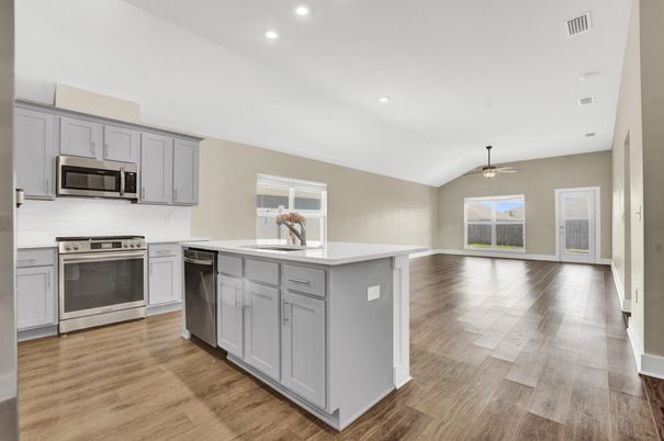 Interior, Kitchen, Recessed Lighting, Stainless Steel Appliances, Wood Texture Flooring