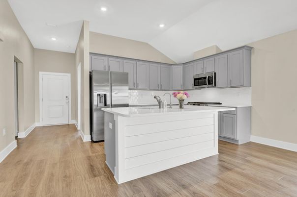 Interior, Kitchen, Recessed Lighting, Stainless Steel Appliances, Wood Texture Flooring