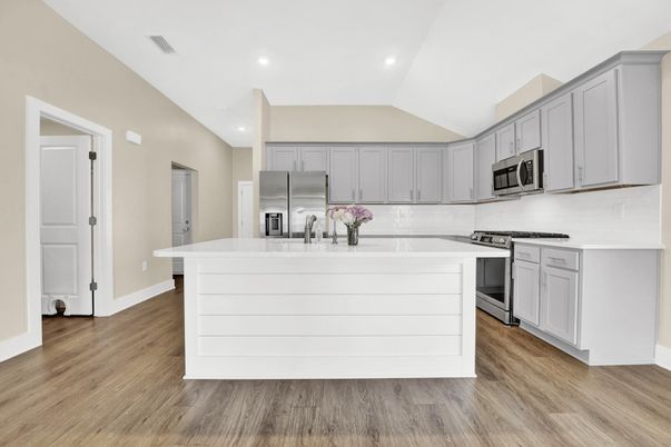 Interior, Kitchen, Recessed Lighting, Stainless Steel Appliances, Wood Texture Flooring