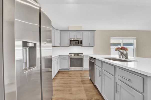 Interior, Kitchen, Stainless Steel Appliances, Wood Texture Flooring