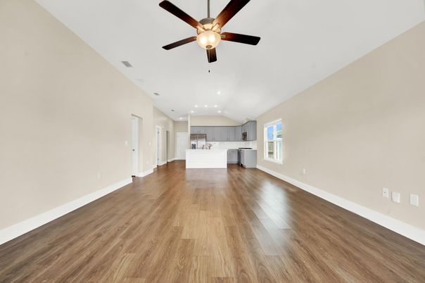 Empty room, Interior, Kitchen, Recessed Lighting, Wood Texture Flooring