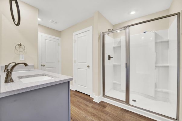 Bathroom, Glass Shower, Interior, Recessed Lighting, Wood Texture Flooring