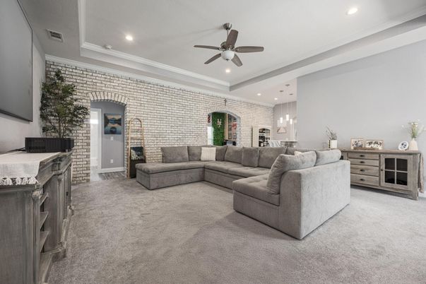 Interior, Living room, Pendant Lights, Recessed Lighting, Stone Walls