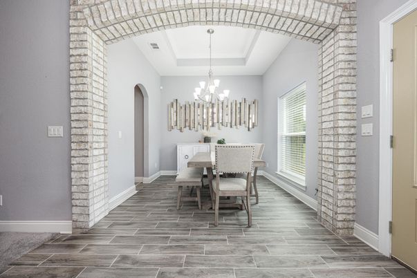 Chandelier, Dining room, Interior, Pendant Lights, Stone Walls, Wood Texture Flooring