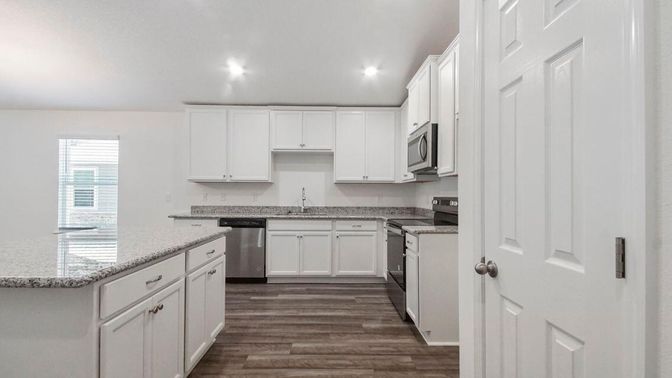 Interior, Kitchen, Recessed Lighting, Wood Texture Flooring