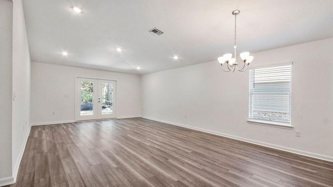 Chandelier, Empty room, Interior, Recessed Lighting, Wood Texture Flooring