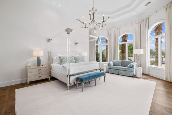 Bedroom, Chandelier, Interior, Recessed Lighting, Wood Texture Flooring