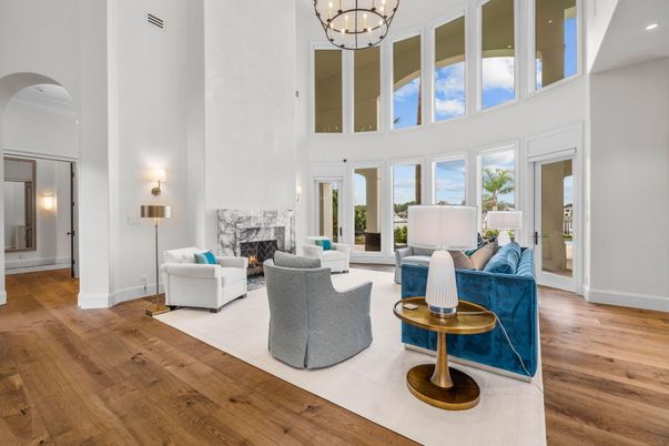 Chandelier, Fireplace, Interior, Living room, Recessed Lighting, Wood Texture Flooring
