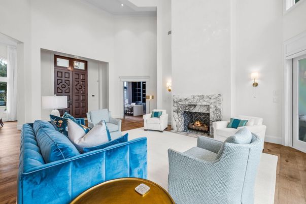 Fireplace, Interior, Living room, Recessed Lighting, Wood Texture Flooring