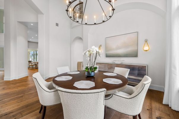 Chandelier, Dining room, Interior, Recessed Lighting, Wood Texture Flooring