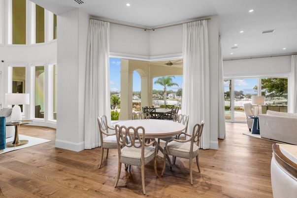 Dining room, Interior, Recessed Lighting, Wood Texture Flooring