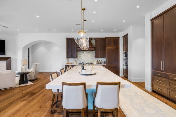 Dining room, Interior, Kitchen, Pendant Lights, Recessed Lighting, Wood Texture Flooring