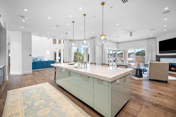 Fireplace, Interior, Kitchen, Living room, Pendant Lights, Recessed Lighting, Wood Texture Flooring