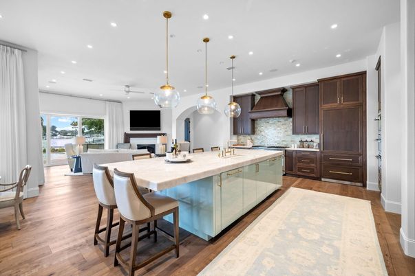 Dining room, Interior, Kitchen, Pendant Lights, Recessed Lighting, Wood Texture Flooring