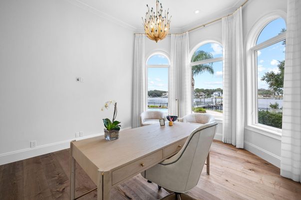 Chandelier, Home Office, Interior, Pendant Lights, Recessed Lighting, Water, Wood Texture Flooring