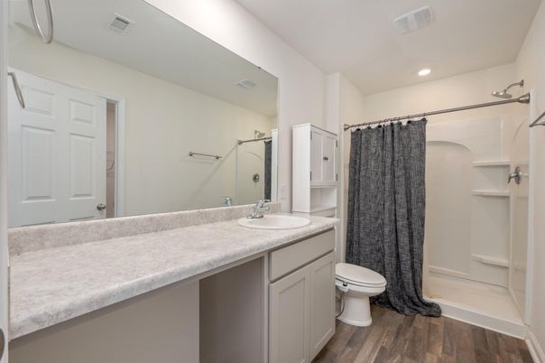 Bathroom, Dual Sink Vanities, Interior, Recessed Lighting, Wood Texture Flooring