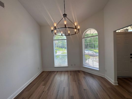 Chandelier, Empty room, Interior, Pendant Lights, Wood Texture Flooring