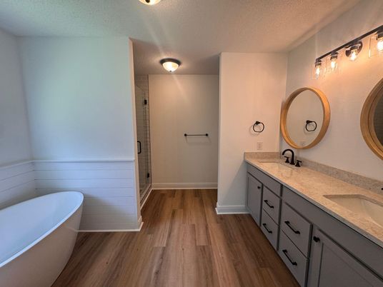 Bathroom, Dual Sink Vanities, Free Standing Baths, Interior, Wood Texture Flooring