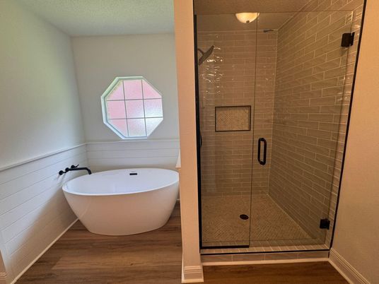 Bathroom, Free Standing Baths, Glass Shower, Interior, Wood Texture Flooring