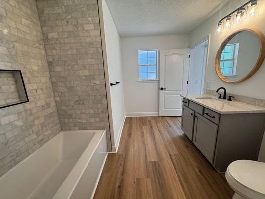 Bathroom, Interior, Stone Walls, Wood Texture Flooring