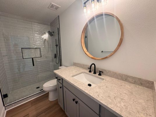 Bathroom, Glass Shower, Interior, Wood Texture Flooring