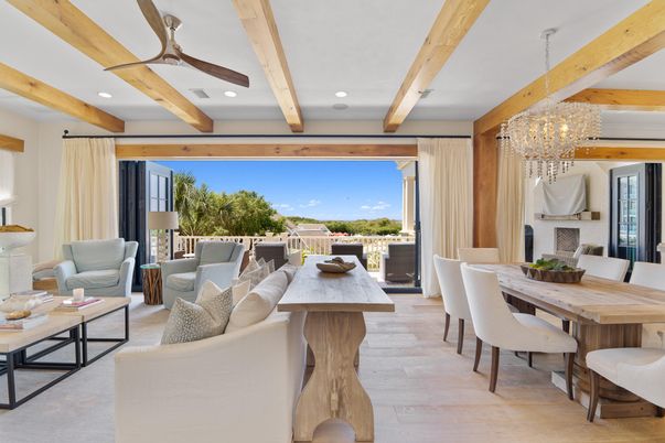 Chandelier, Dining room, Interior, Living room, Recessed Lighting, Wooden Beams, Wood Texture Flooring