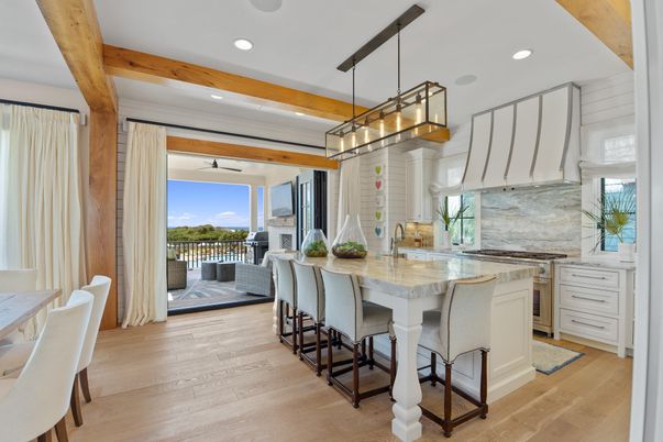 Interior, Kitchen, Pendant Lights, Recessed Lighting, Stainless Steel Appliances, Water, Wooden Beams, Wood Texture Flooring