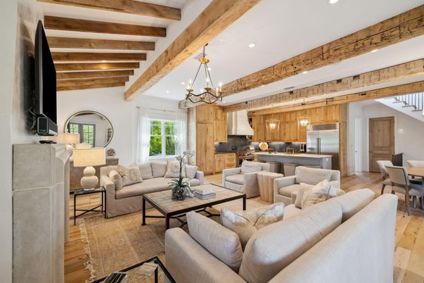 Chandelier, Dining room, Interior, Kitchen, Living room, Pendant Lights, Recessed Lighting, Wooden Beams, Wood Texture Flooring