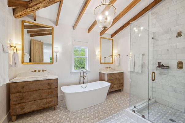 Bathroom, Dual Sink Vanities, Free Standing Baths, Glass Shower, Interior, Wooden Beams