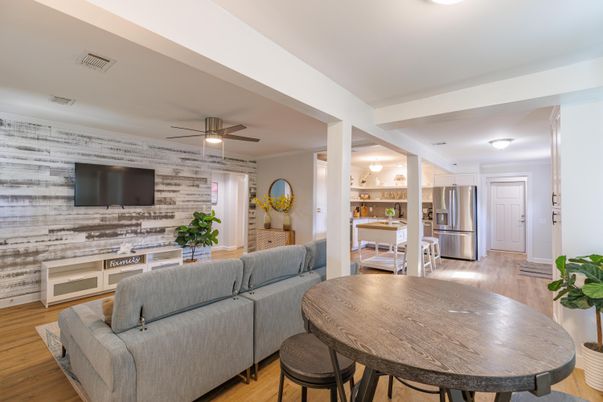 Dining room, Interior, Kitchen, Living room, Stainless Steel Appliances, Stone Walls, Wood Texture Flooring