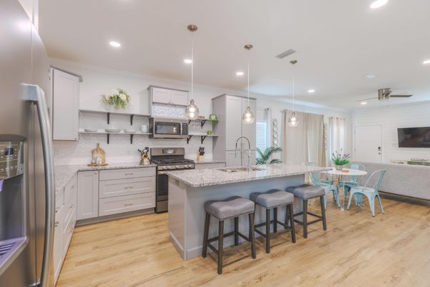 Dining room, Interior, Kitchen, Pendant Lights, Recessed Lighting, Stainless Steel Appliances, Wood Texture Flooring