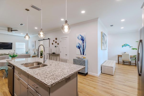 Interior, Kitchen, Pendant Lights, Recessed Lighting, Wood Texture Flooring