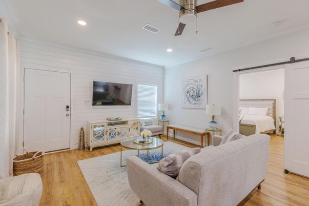Bedroom, Interior, Living room, Recessed Lighting, Wood Texture Flooring