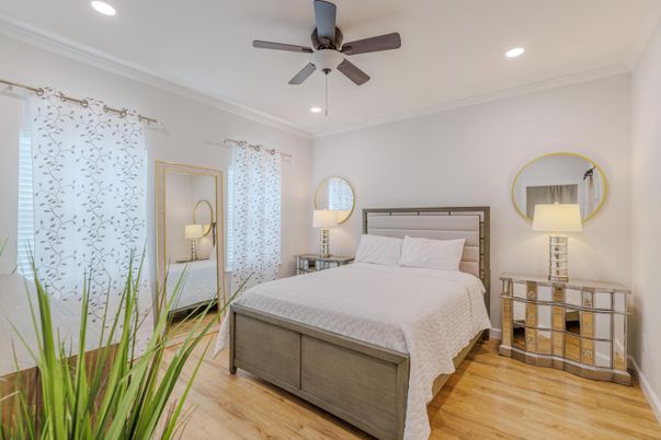 Bedroom, Interior, Recessed Lighting, Wood Texture Flooring