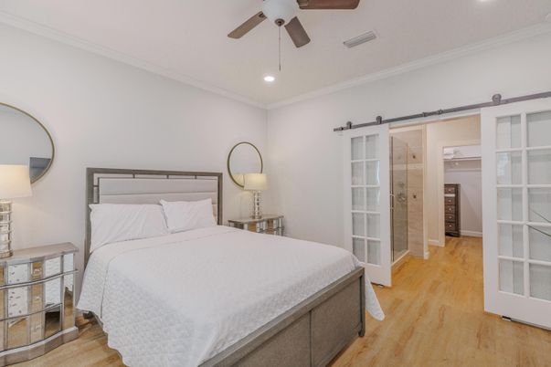 Bedroom, Interior, Recessed Lighting, Wood Texture Flooring